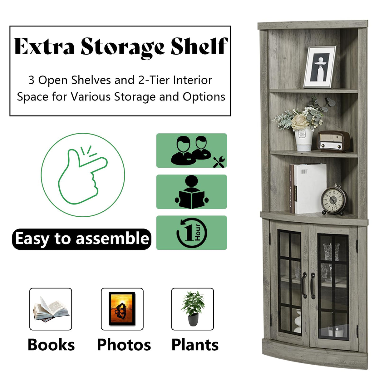 AMERLIFE Curved Corner Storage Cabinet, 65" Tall Freestanding Bookcase with Glass Doors & Adjustable Shelves, 5-Tier Corner Display Cabinet for Living Room, Bathroom, Laundry Room, Washed Grey AMERLIFE