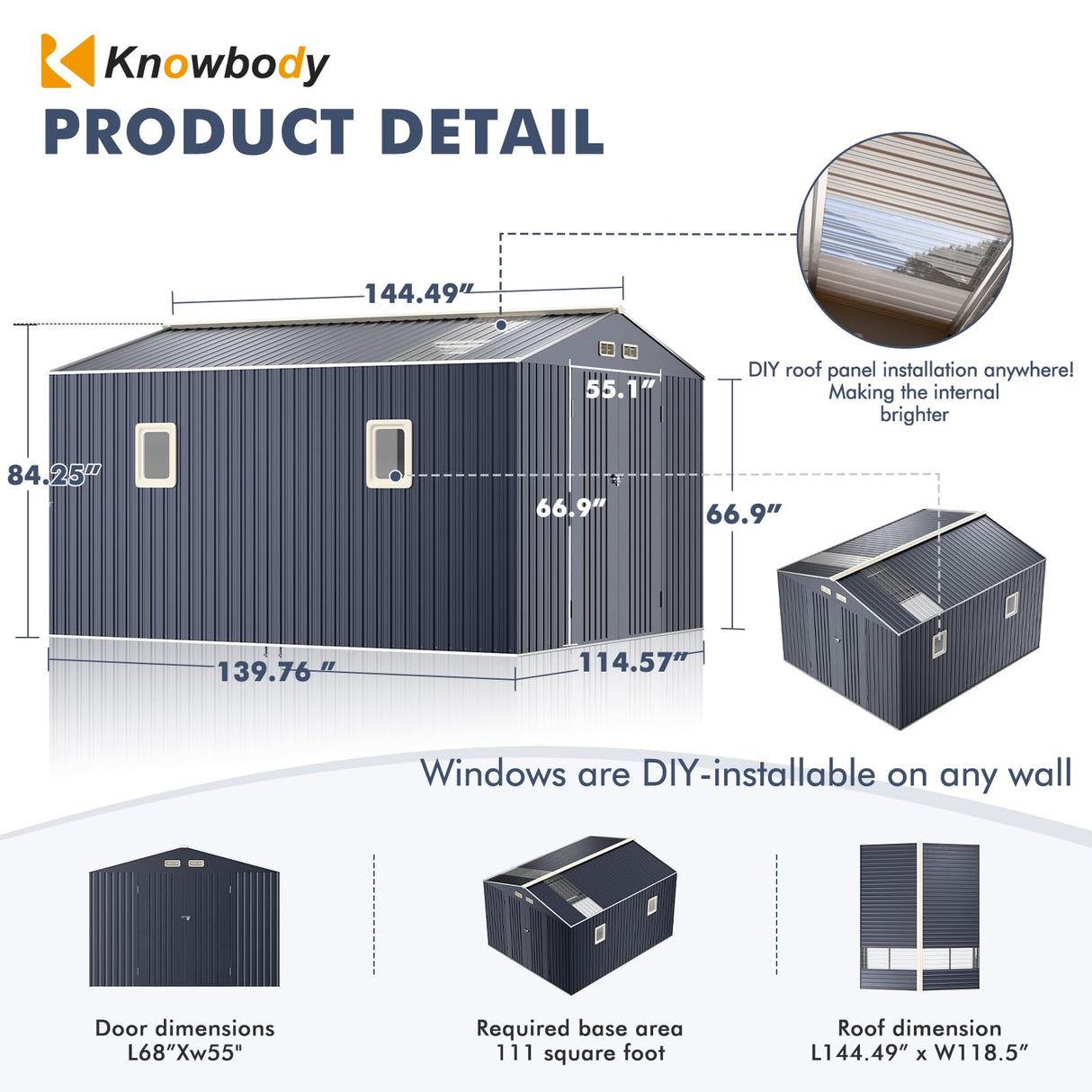 Metal Shed 10x12x7 FT, Sheds Outdoor Storage with Reinforcement, Natural Lighting Tool Sheds with Translucent Roof Panels, Windows, and Lockable Doors, Ideal for Garden, Backyard, and Patio K Knowbody