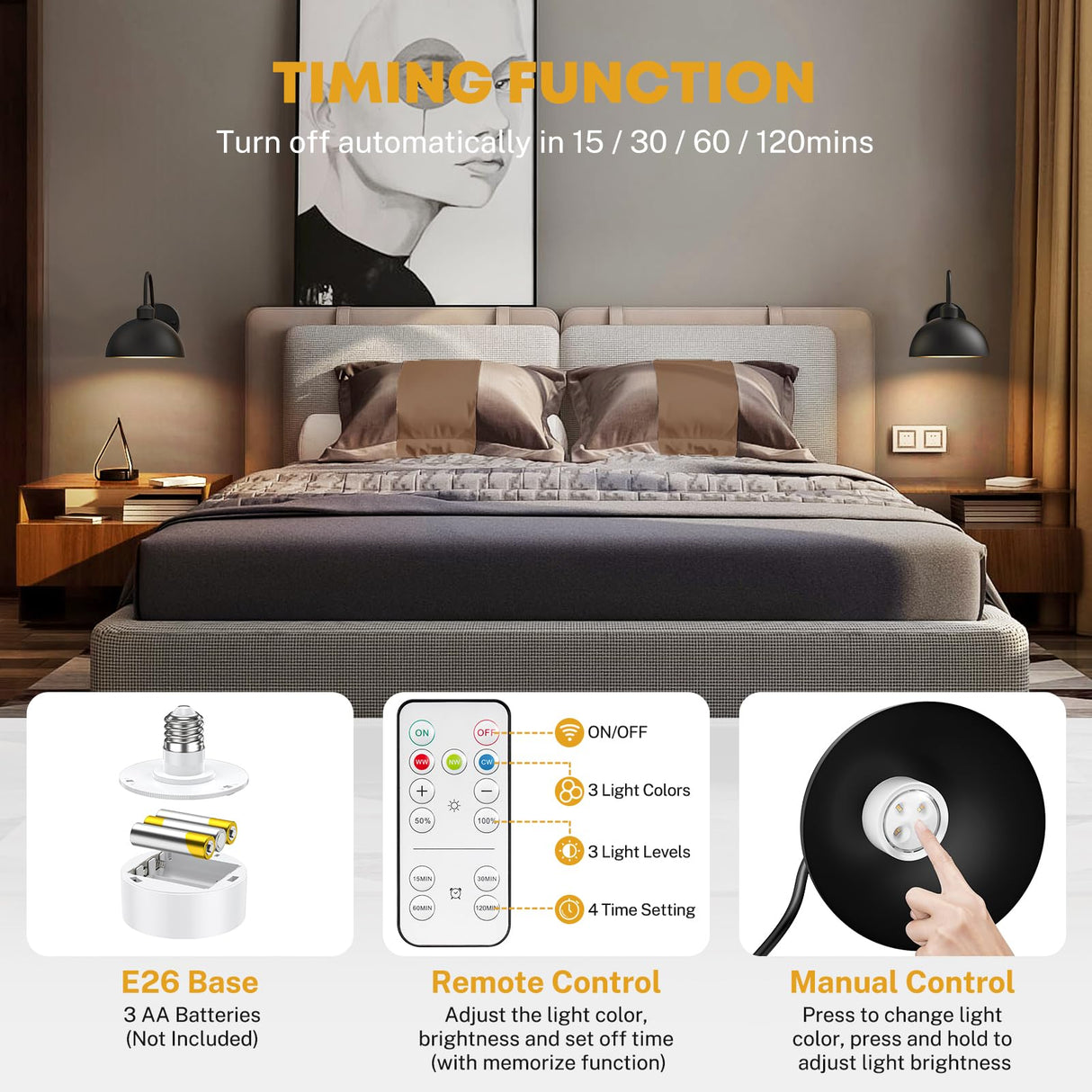 NookNova Battery Operated Wall Sconce, Wireless Sconces Set of 2 Battery Operated Light Sconces Battery Powered Wall Sconce with Remote Black Wall Sconces for Bedroom Hallway Living Room NookNova