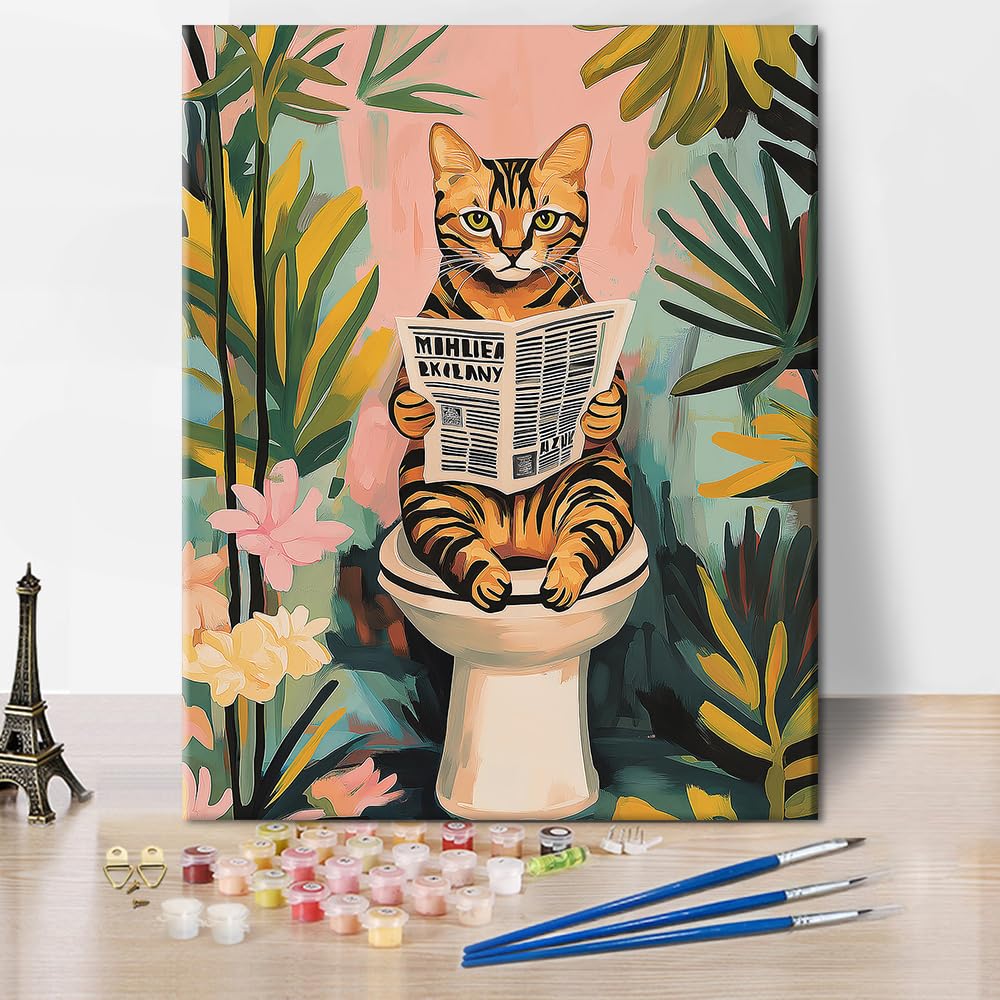 Paint by Number for Adults, Cat on Toilet Paint by Numbers, Bengal Cat Reading Newspaper Painting by Numbers Kits, DIY Oil for Adults Simple Painting Craft Kits for Adult, 16 X20 Inch TUMOVO
