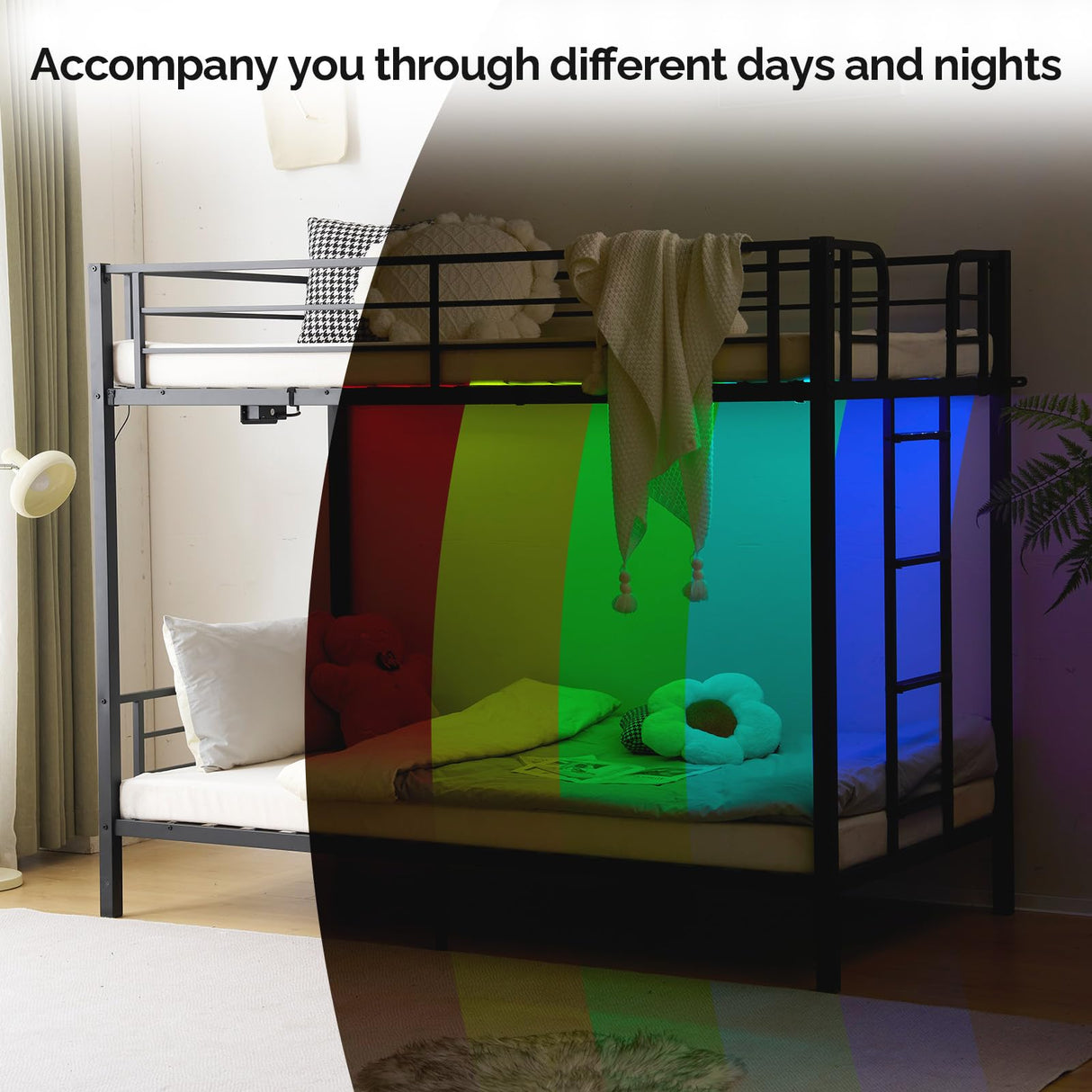 VINGLI Metal Bunk Bed Frame Twin Over Twin with LED Lights, Non-Slip Ladder, Full Length Guardrail, Charging Station, for Kids, Teens & Adults, Space-Saving, No Box Spring Needed, Black VINGLI