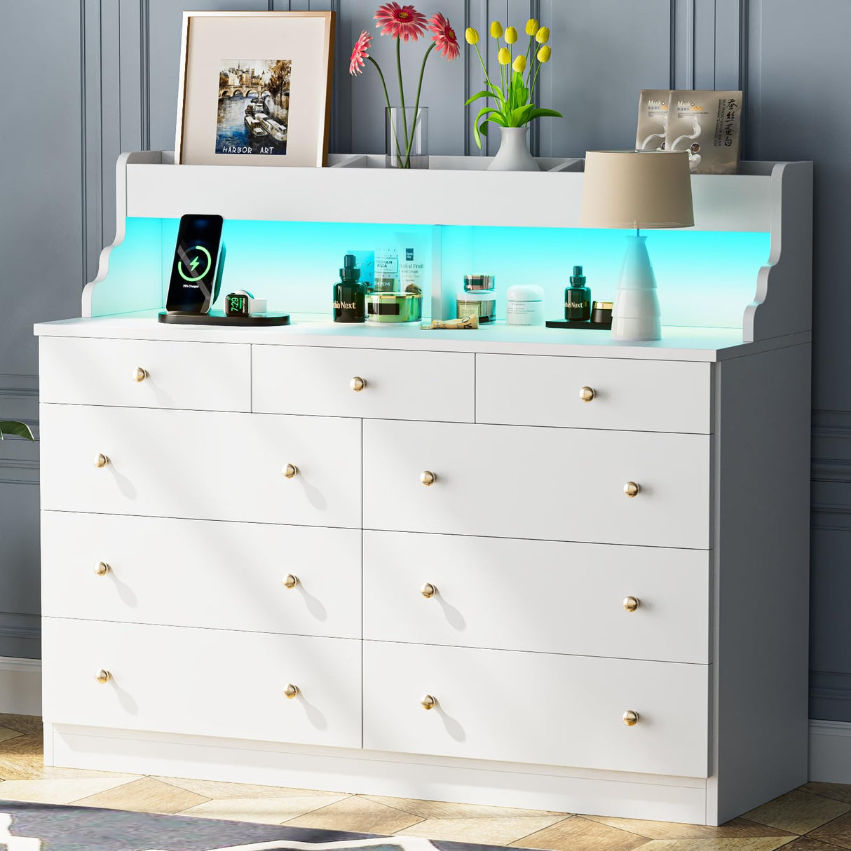 Yeyawomy 9 Drawers Dresser with LED Light, Dresser for Bedroom with Power Outlet, Modern Chest of Drawers, Storage Dresser with Open Storage Space, Dressers & Chests of Drawers for Closet (White) Yeyawomy