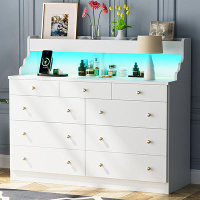 Yeyawomy 9 Drawers Dresser with LED Light, Dresser for Bedroom with Power Outlet, Modern Chest of Drawers, Storage Dresser with Open Storage Space, Dressers & Chests of Drawers for Closet (White)