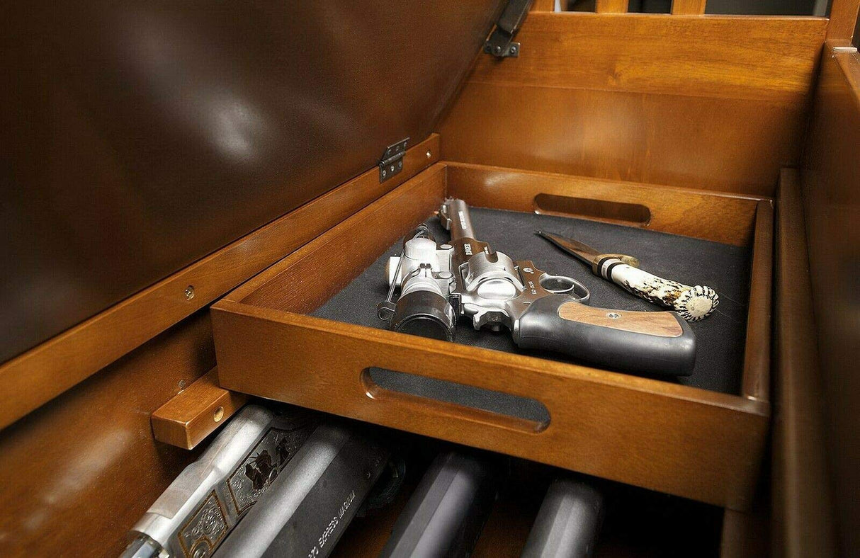 Long Gun Storage Bench Attractive Multi-Functional Lockable Cabinet Hidden Handgun Rifle Shotgun Compartment Entryway Solid Wood Store Accessories Rest Seat Locking Concealment Furniture Love Seat Prettyshop4246