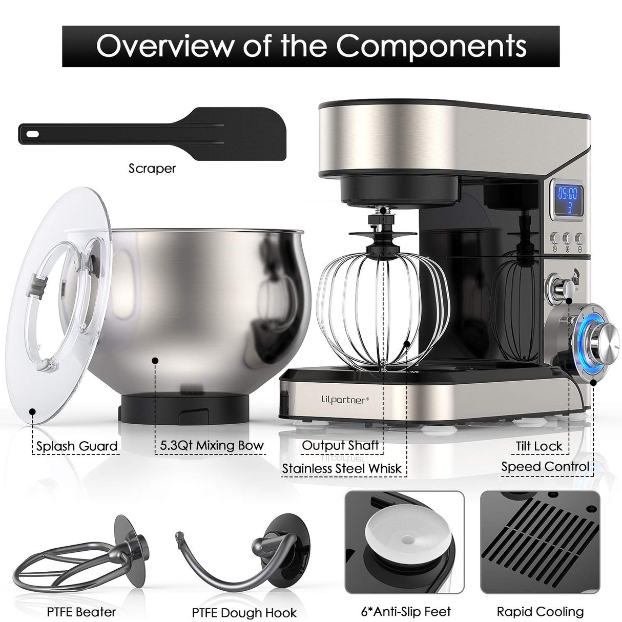 Stand Mixer, Stainless Steel Mixer 5.3-QT LCD Display Food Mixer, 6+P Speed itchen Electric Mixer Tilt-Head Mixer with Stainless Steel Bowl, Dough Hook, Beater, Whisk LILPARTNER