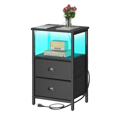 sthmec Nightstand with Charging Station, Night Stand with 2 Fabric Drawers PU Finish, Bedside Table End Table with LED Light, 3-Tier Storage Side Table Nightstand with Drawers for Bedroom,Black