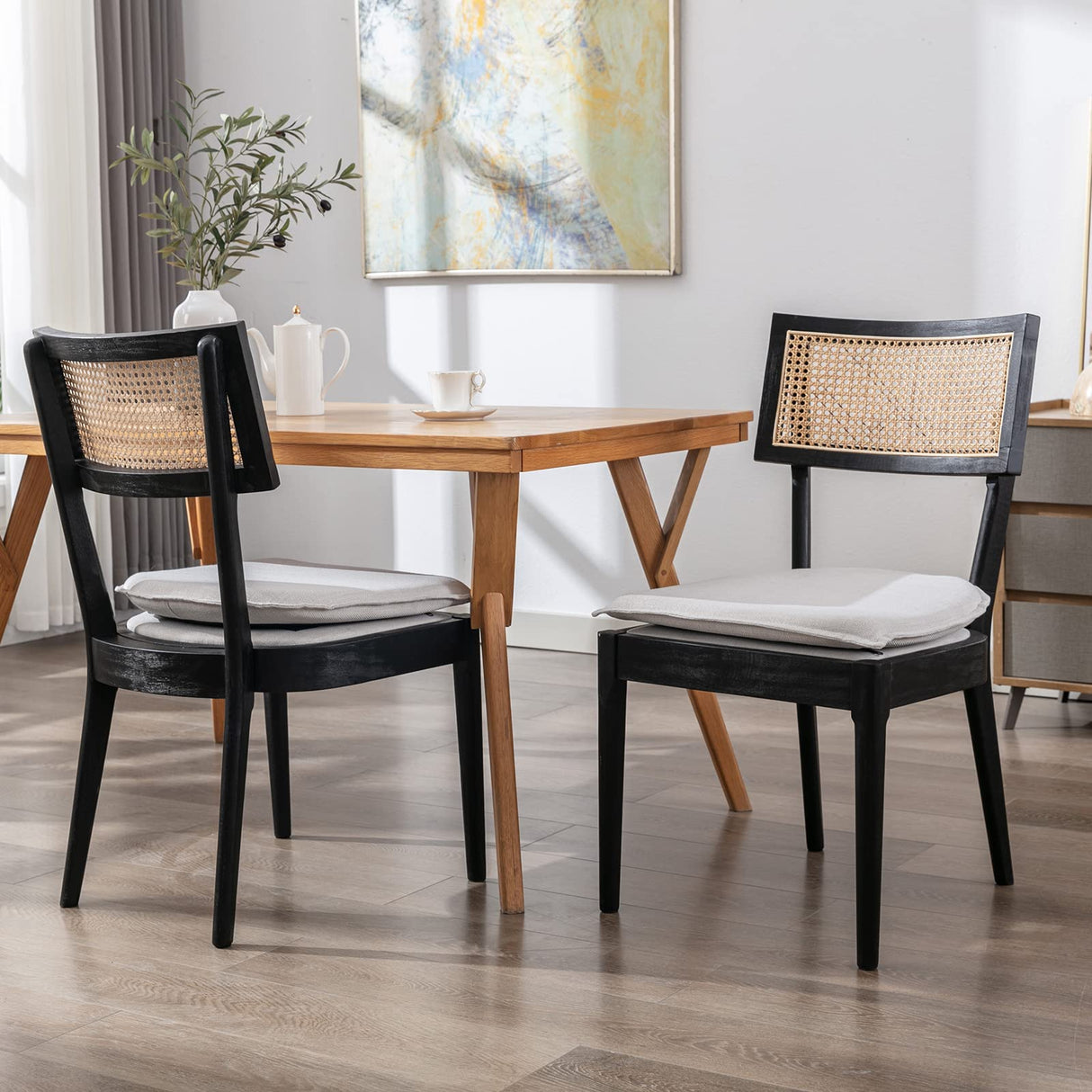 ZH4YOU Black Rattan Dining Chairs Set of 2, Farmhouse Kitchen Chairs with Cane Back, French Country Cane Chairs Retro Side Chairs with Wood Legs for Dining Room/Living Room/Restaurant, Black ZH4YOU