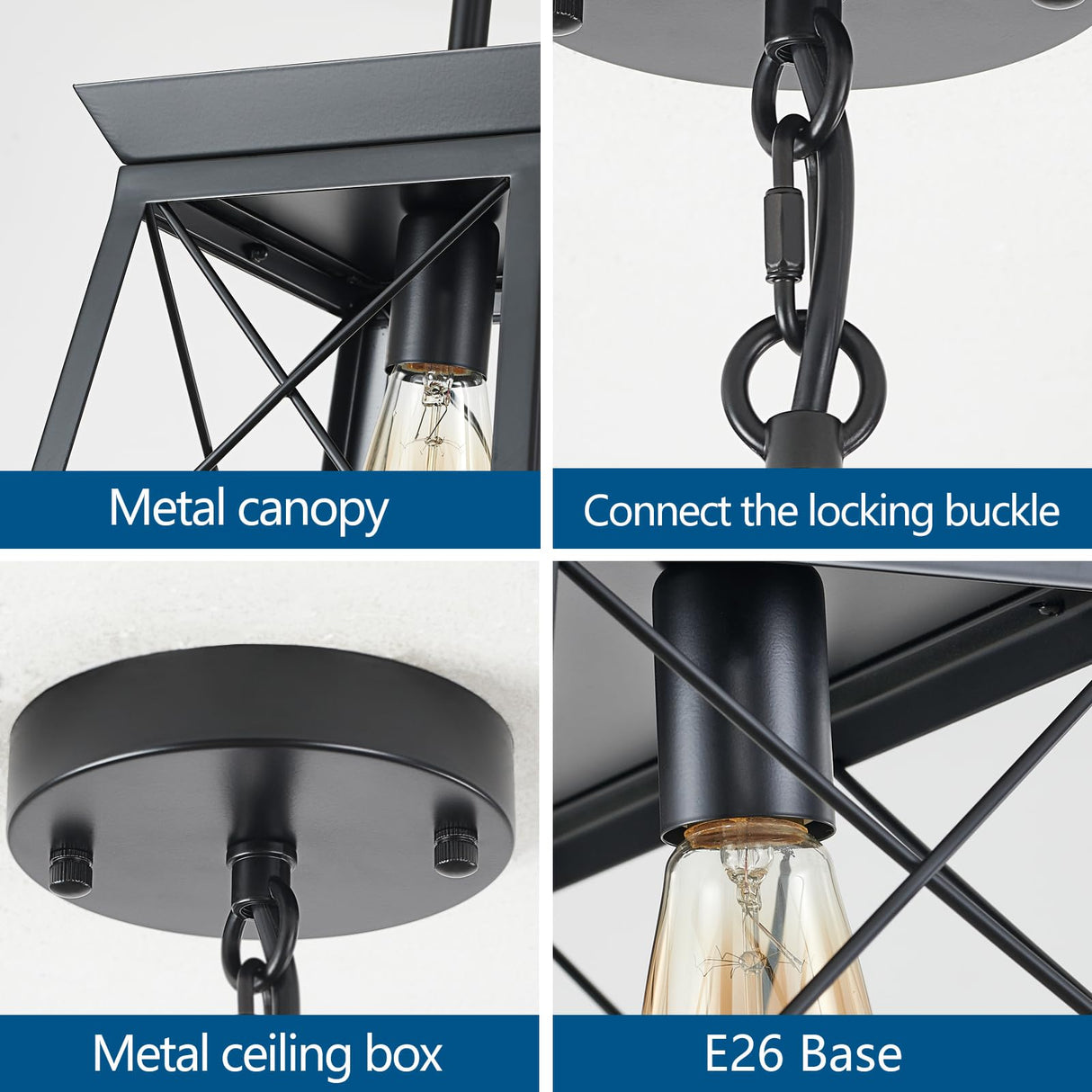 HuixuTe Black Farmhouse Pendant Lights, Industrial Kitchen Island Lighting, Rectangle Linear Cage Chandeliers for Kitchen, Dining Room Table HuixuTe