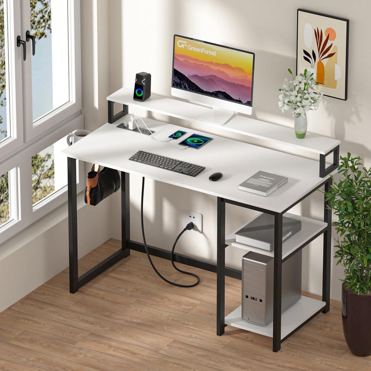 GreenForest 40 inch Home Office Desk with Power Outlets, Small Computer Desk with Ergonomic Monitor Stand, Reversible Gaming Desk, Modern Study Desk, Laptop Desk, White GreenForest