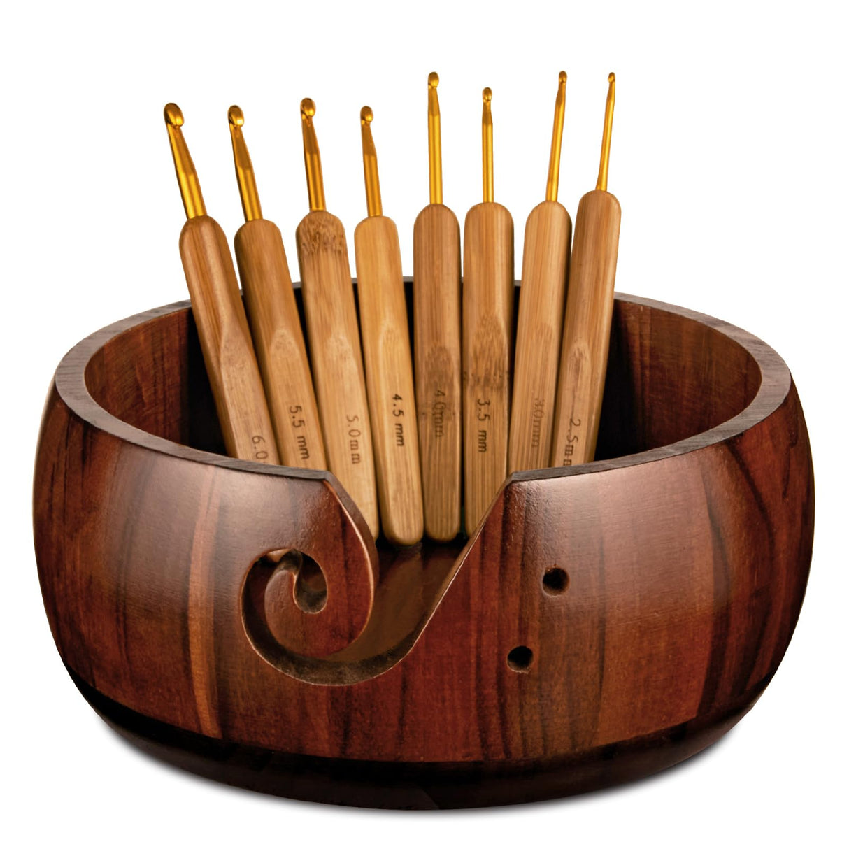 Wooden Yarn Bowl Holder, Craft Knitting Bowl with 8pcs Metal Crochet Hooks, 7.9''Large Yarn Holder Dispenser Yarn Storage Bowls, for Knitters & Crocheters (Brown 7.9 inch) Sewovvmu