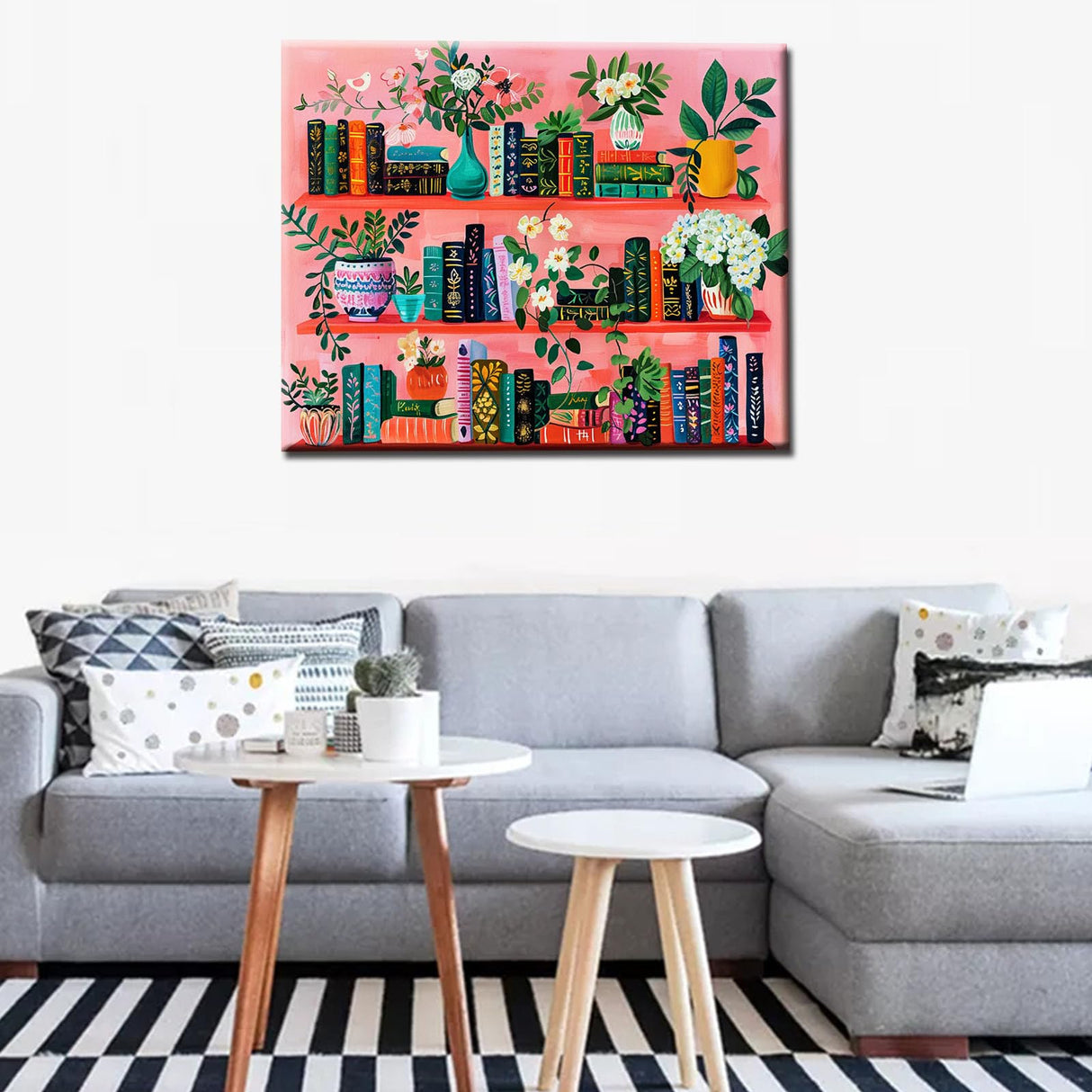 Bookshelf Book Theme Pink Library Paint by Numbers Kits for Adult Paint by Numbers Boho Painting Kits on Canvas with Brushes and Acrylic Pigment for Home Wall Decor Without Framed 16''W x 20''H Aihonmin