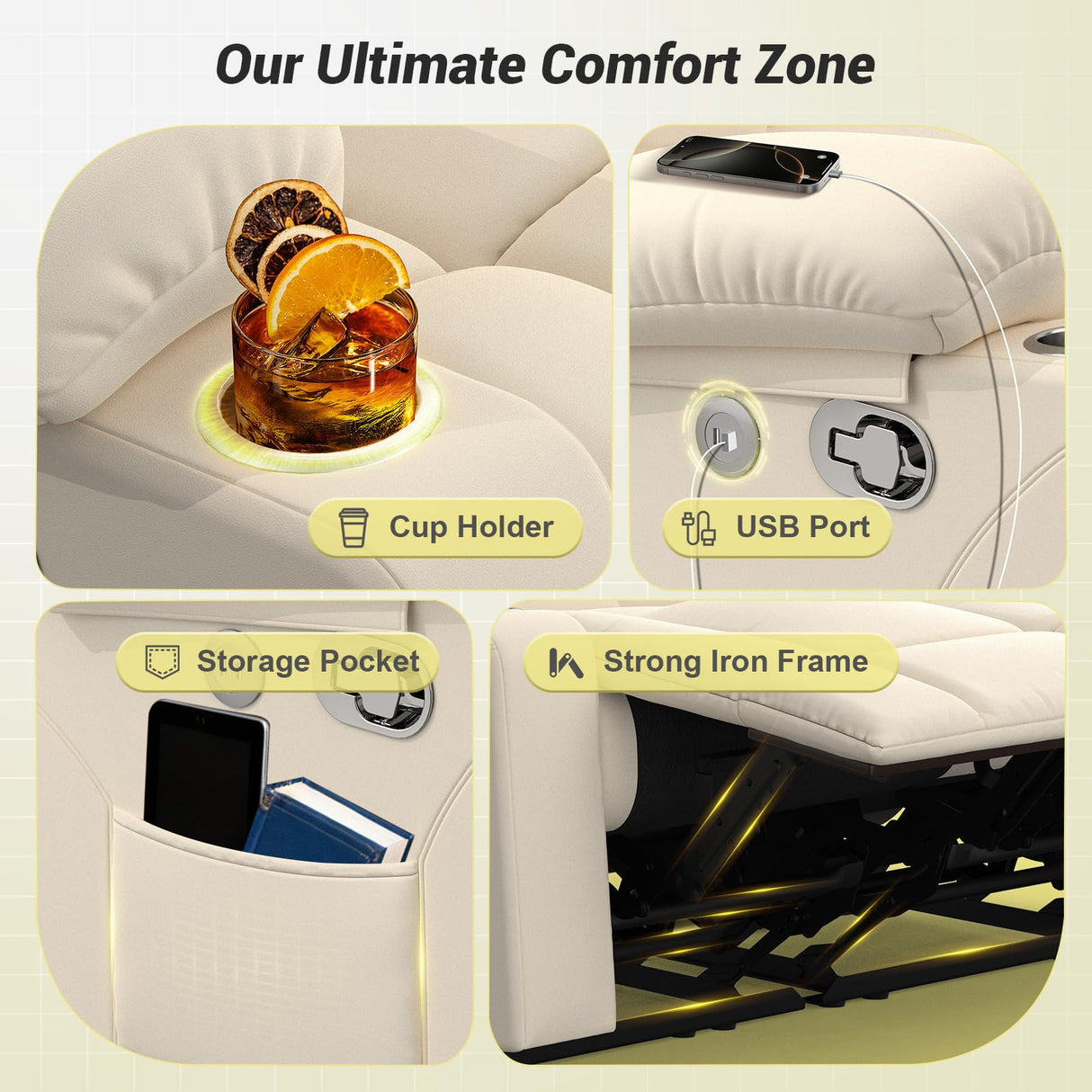 MOSGAT RV Loveseat Recliner Sofa, Reclining Loveseat Home Theater Seating with USB Ports, Cup Holders, Insert Pockets, Wall Hugger RV Recliners for Movie Room, Recline Movie Seats Gaming Sofa, White MOSGAT