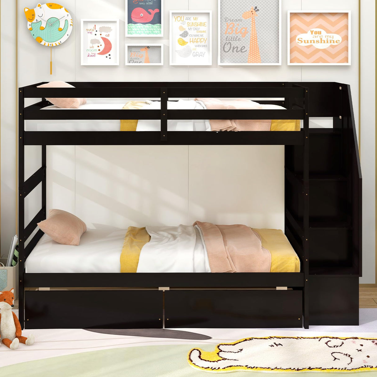 Giantex Bunk Bed Twin Over Twin with Storage Stairs & Drawers, Solid Wood Bunk Bed with Full-Length Guardrails, Convertible to 2 Beds, Versatile Bunk Beds for Kids Teens Adults, Espresso Giantex