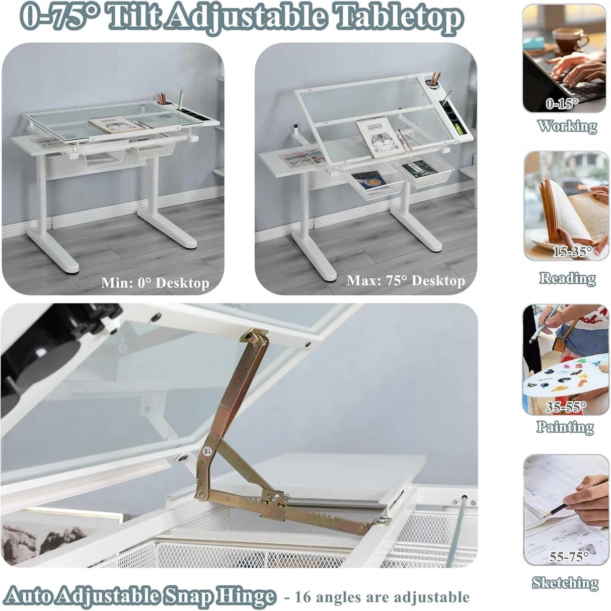 ZephyPaws Glass Drafting Table and Stool Set, Upgraded Hand Crank Adjustable Height Drawing Table Artist Desk with 2 Storage Drawers for Home Office (White) ZephyPaws