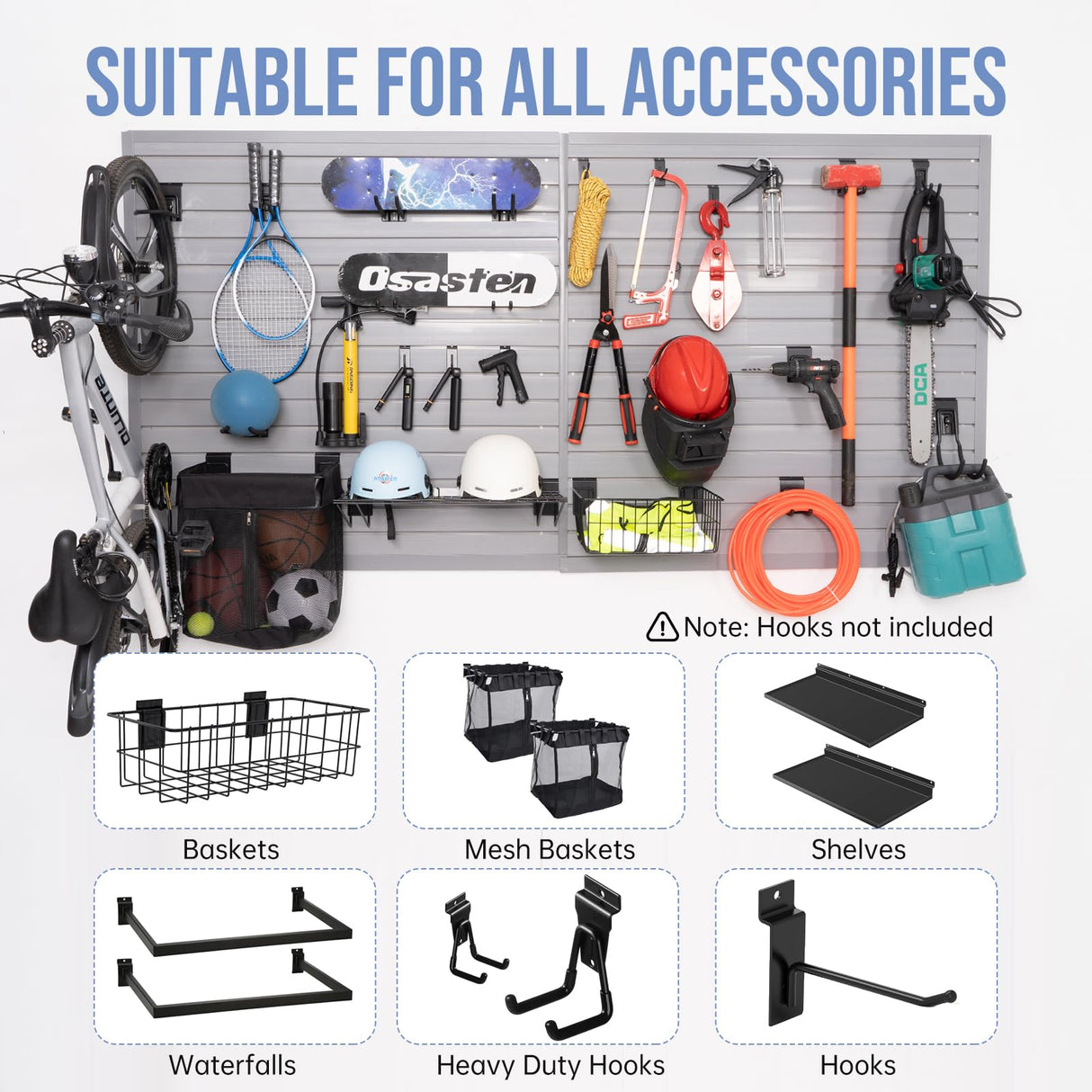 Slatwall Panels Garage Slat Wall Storage Systems 4'x4', Slat Wall Paneling Garage Wall Organizer, Grey Slat Board PVC Wall Panels Slatwall Displays Garage Tool Organizer Wall Mount Ladder Bike Rack HODURWALL