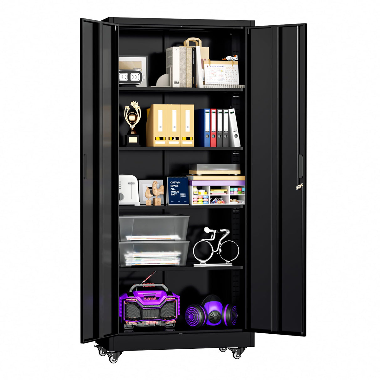 Bonusall 73" H Metal Storage Lockers with Wheels,Rolling Garage Cabinet with Locking Doors and 4 Adjustable Shelves,Metal Locker Organizer Cabinet for Garage,Office,Kitchen,Basement(Black) Bonusall