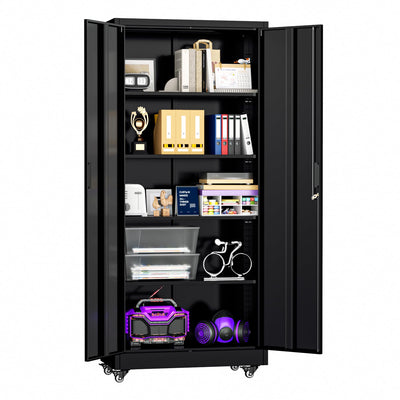 Bonusall 73" H Metal Storage Lockers with Wheels,Rolling Garage Cabinet with Locking Doors and 4 Adjustable Shelves,Metal Locker Organizer Cabinet for Garage,Office,Kitchen,Basement(Black)