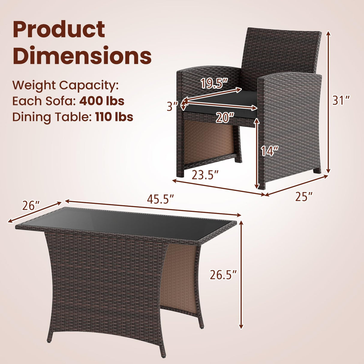 Tangkula 3 Piece Patio Wicker Dining Set, 2 Rattan Chairs with Rectangle Tempered Glass Dining Table, Outdoor Conversation Set with Cushions for Backyard, Porch, Poolside (Black) Tangkula