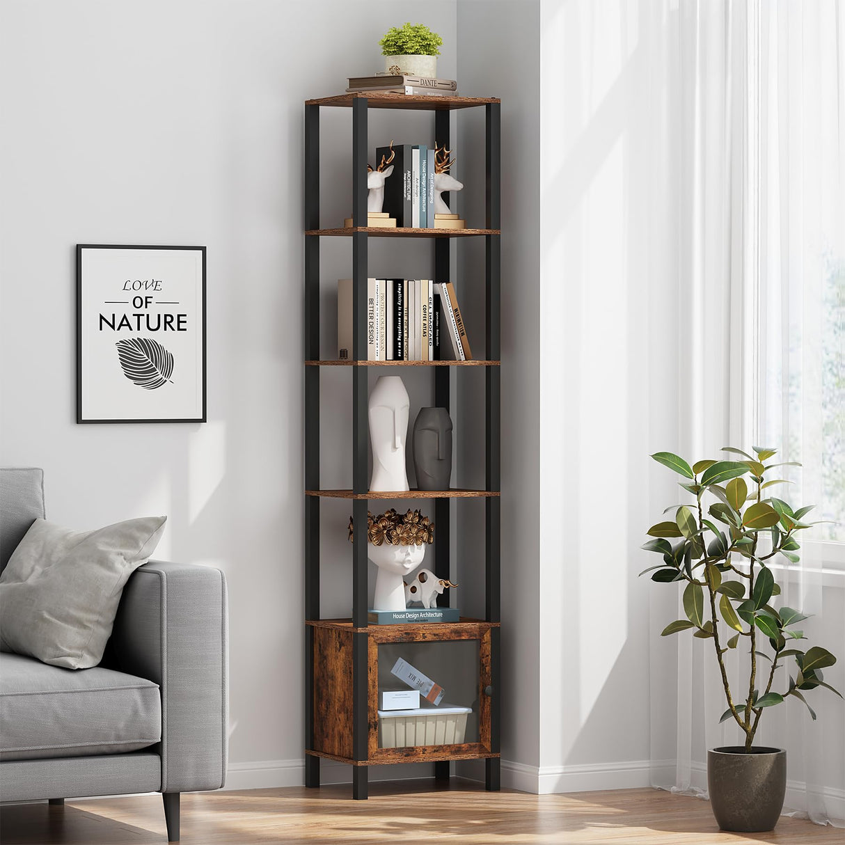 TUTOTAK 6 Tier Brown Bookcase with Door – Versatile Narrow Shelf for Small Spaces TUTOTAK