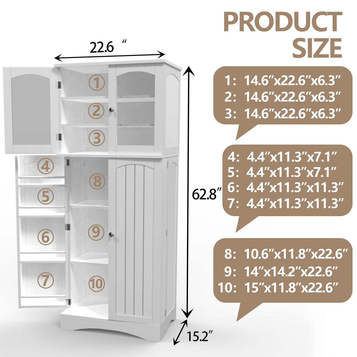 CATMIX Kitchen Pantry Cabinet, Tall Food Pantry Storage Cabinet with Glass Doors and Adjustable Shelves, Freestanding Cabinet for Kitchen, Living Room, Dining Room, White CATMIX