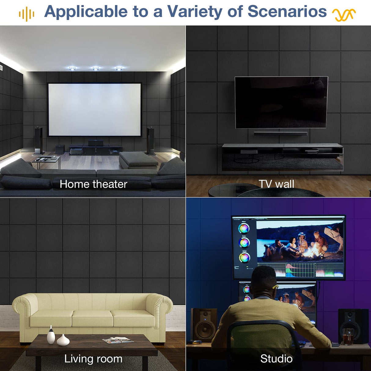 Lebenforce Self-adhesive Acoustic Panels Tiles 12 Pack, 12" X 12" X 0.4" Polyester Sound Proof Padding, High Density Soundproof Wall Panels, Sound Absorbing panel for Home & Offices (Black) Lebenforce