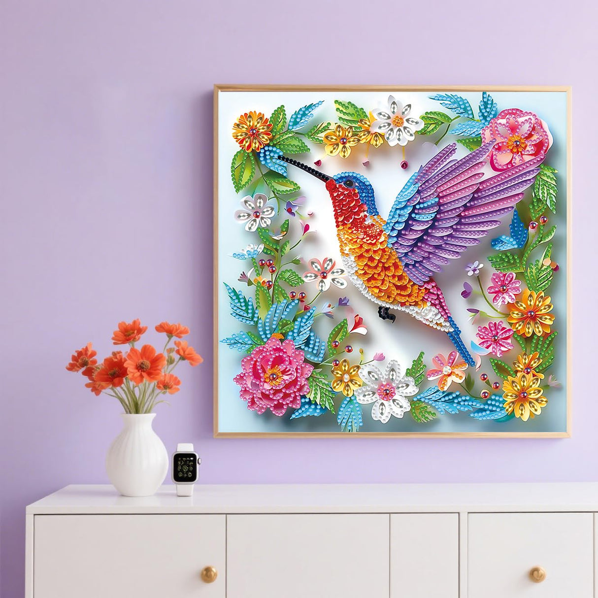 Hummingbird Special Shape Diamond Art Kits for Beginners,5D Small Diamond Painting Kits for Adults DIY Flowers Diamonds Dots Painting with Crystals Rhinestones Gem Art and Crafts 11.8 X 11.8inch Paintcolor