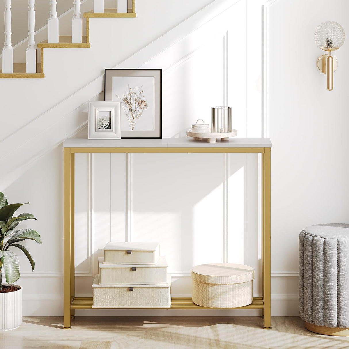 YATINEY Narrow Console Table, 2-Tier Small Sofa Table, 29.5" Thin Entryway Table, Behind Couch Table with Shelves, Industrial Hallway Table, for Living Room, Foyer, White and Gold CT03DW YATINEY