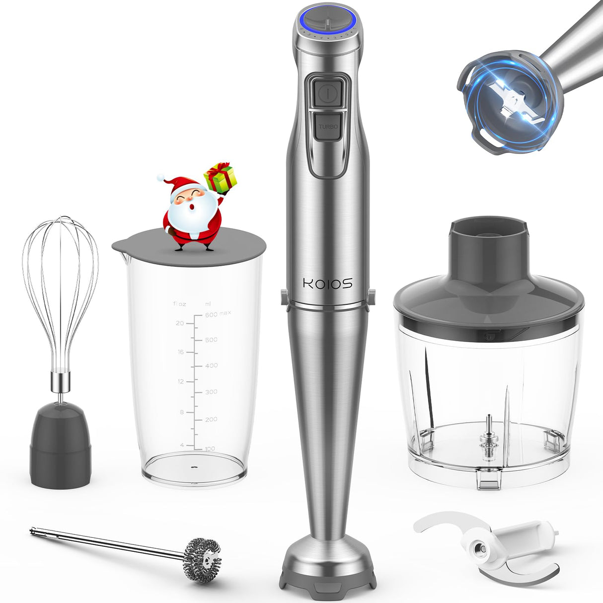 KOIOS 1100W Immersion Hand Blender, Stainless Steel Stick Blender with 12-Speed & Turbo Mode, 5-in-1 Handheld Blender with 600 ml Mixing Beaker with Lid, 500 ml Chopper, Whisk, Milk Frother, BPA-Free KOIOS