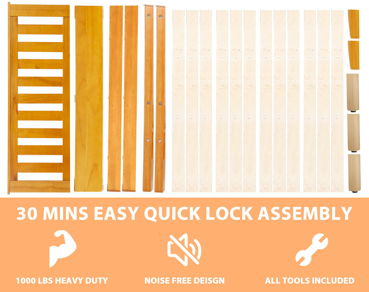 HWGEBY Queen Wood Bed Frame with 14 Durable Slats and Complete Headboard HWGEBY