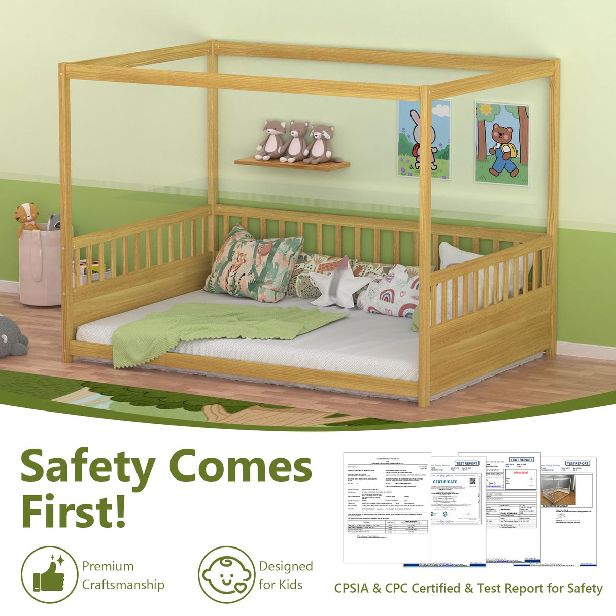 Lyngins Full Size Canopy Bed Frame with Guardrails for Kids, Floor Bed Full with Four Poster Design, Kids Montessori Floor Bed, Wood Canopy Bed Frame for Girls, Boys(Natural) Lyngins