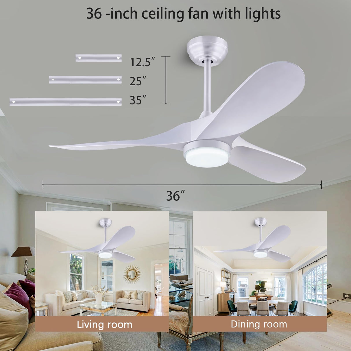 QUTWOB 36" Ceiling Fans with Light and Remote Controll, Reversible DC Motor Indoor/Outdoor 3 Blade Modern Ceiling Fan for Kids Room, Bedroom and Living Room (White) QUTWOB