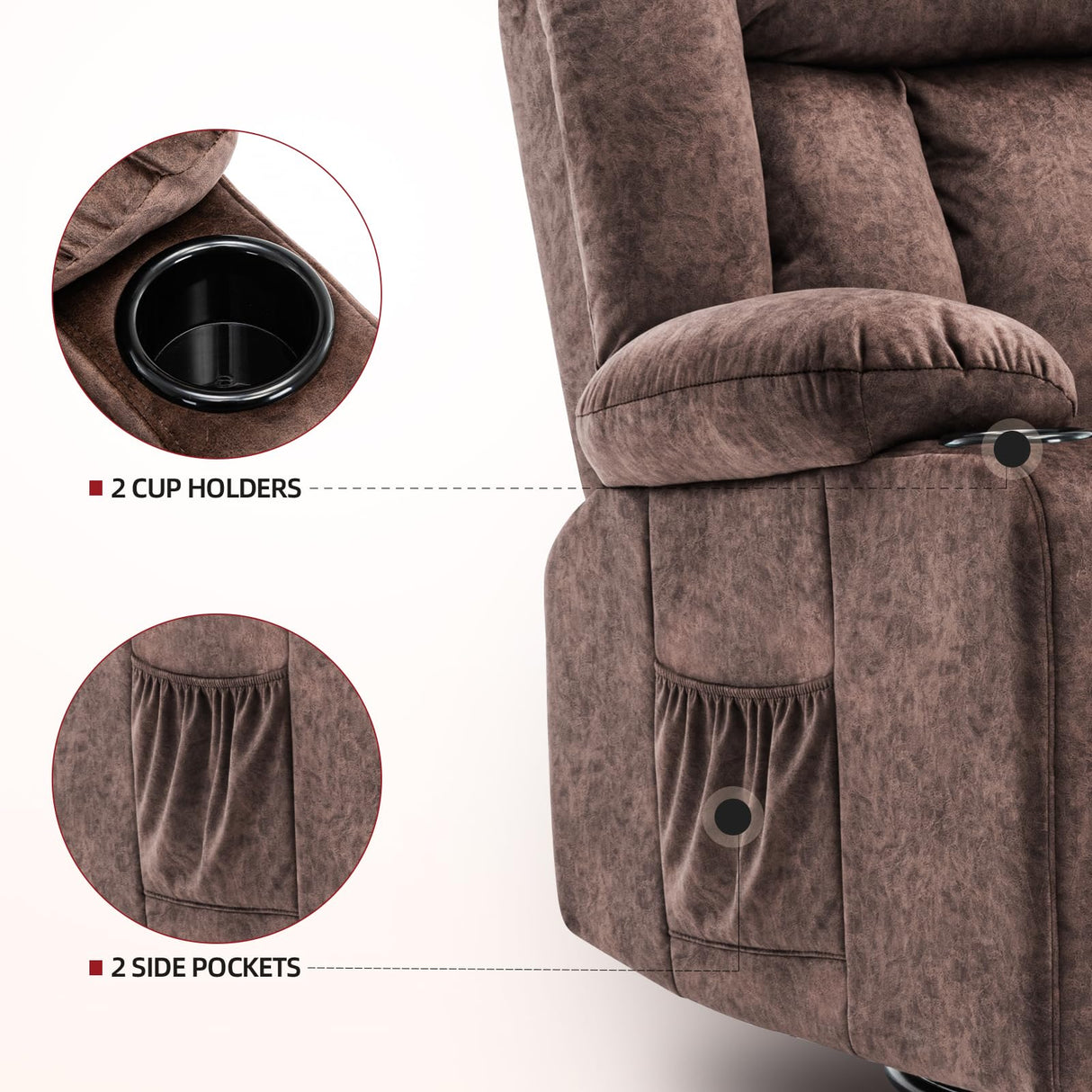 COMHOMA Recliner Chair,360° Swivel Rocker Glider Recliners with Cup Holders, Upholstered Fabric Rocking Chair for Adults,Manual Reclining Single Sofa for Living Room,Brown COMHOMA
