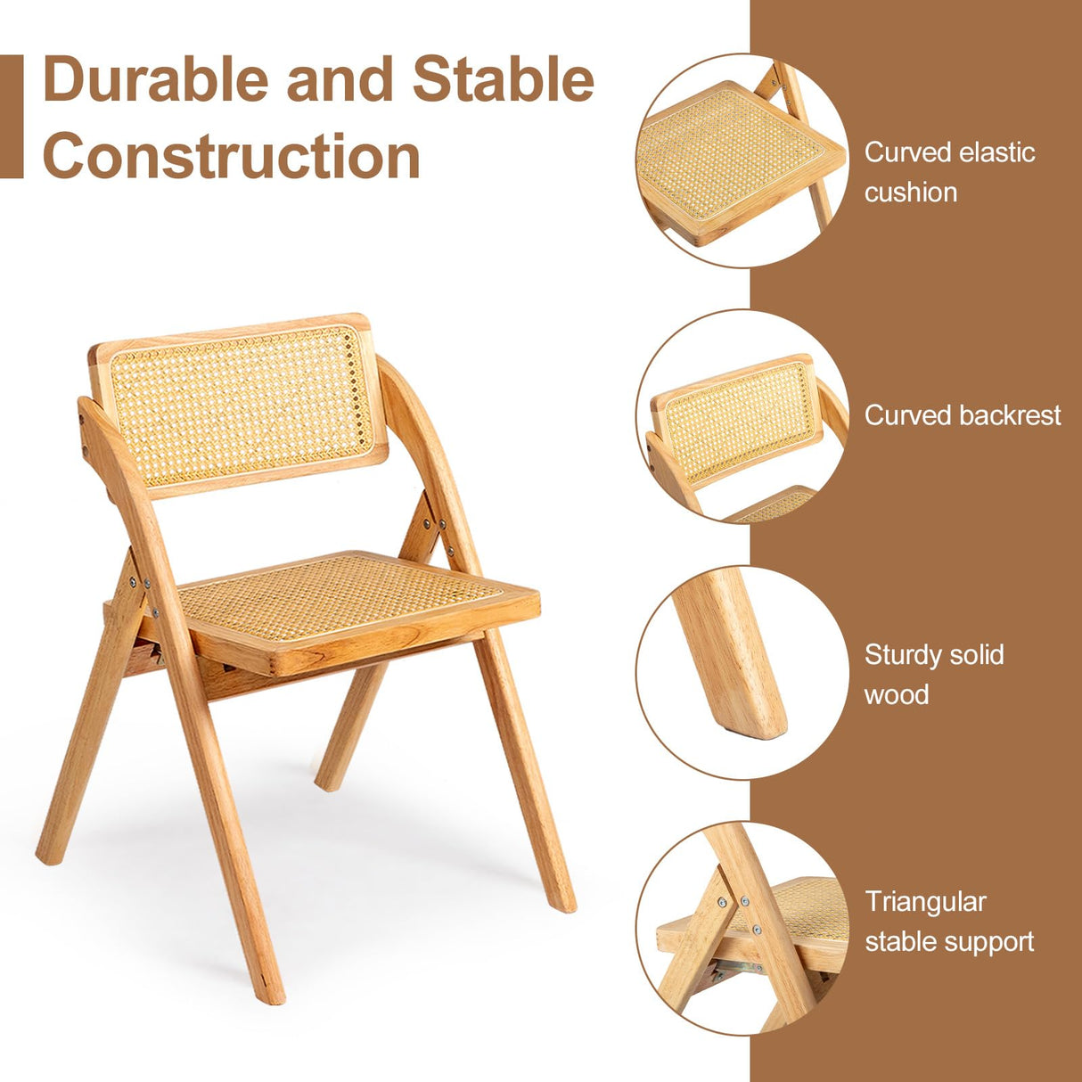 Karl home Wooden Rattan Folding Chairs 2 Pack, Portable Folding Chairs for Indoor, Ideal for Kitchen Dining Room, Office Wedding, Party, Picnic, Natural Karl home