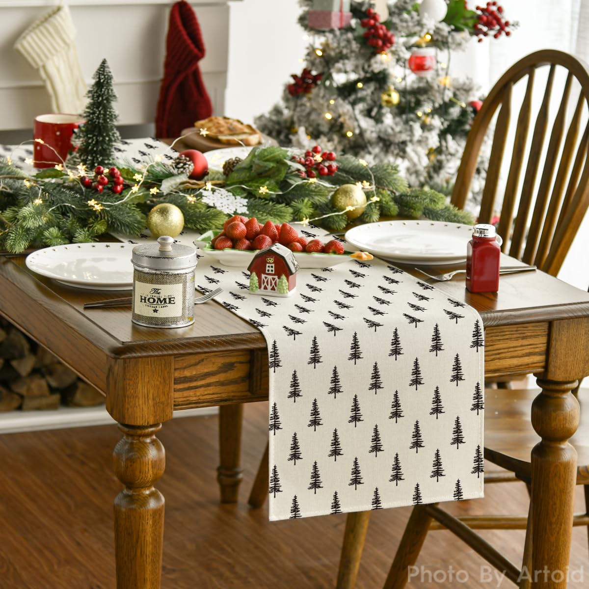 Artoid Mode Beige Xmas Tree Christmas Table Runner, Seasonal Winter Kitchen Dining Table Decoration for Home Party Decor 13x72 Inch Artoid Mode