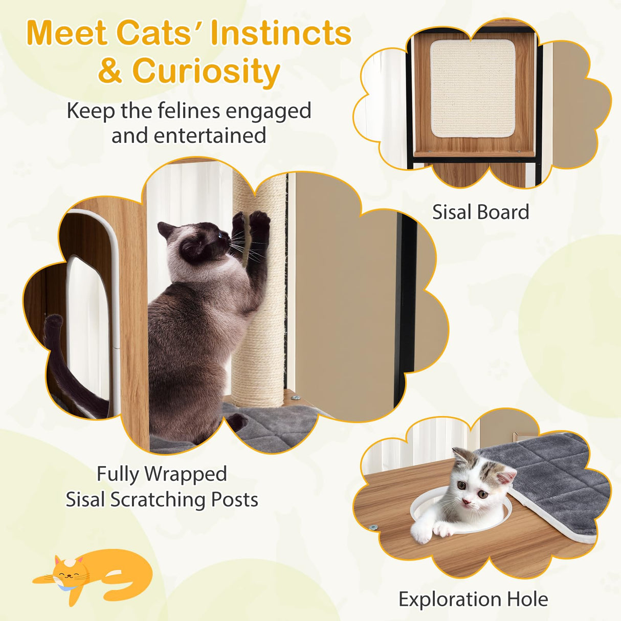 PETSITE 52 Inch Wood Cat Tree for Indoor Cats, Multi-Level Solid Metal Framed Wooden Cat Tower with Sisal Scratching Posts and Pad, 3 Condos, and Top Platform with Cat Hole PETSITE