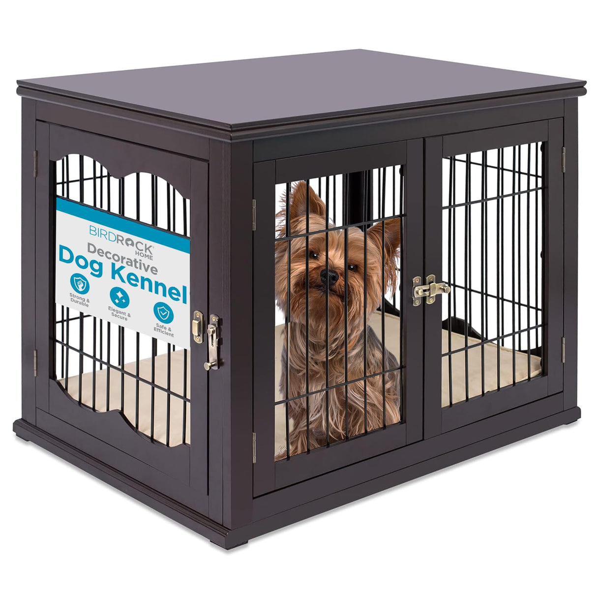 INTERNET'S BEST Decorative Dog Kennel with Pet Bed, Small Pet House, Double Door Indoor Crate, Engineered Wood & Wire Furniture, Side Table & Nightstand, Fits Small Dogs - Espresso Internet's Best
