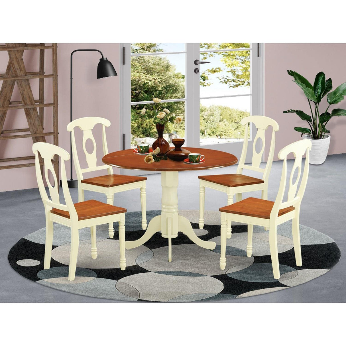 East West Furniture Dublin 5 Piece Room Furniture Set Includes a Round Kitchen Table with Dropleaf and 4 Dining Chairs, 42x42 Inch, Buttermilk & Cherry East West Furniture
