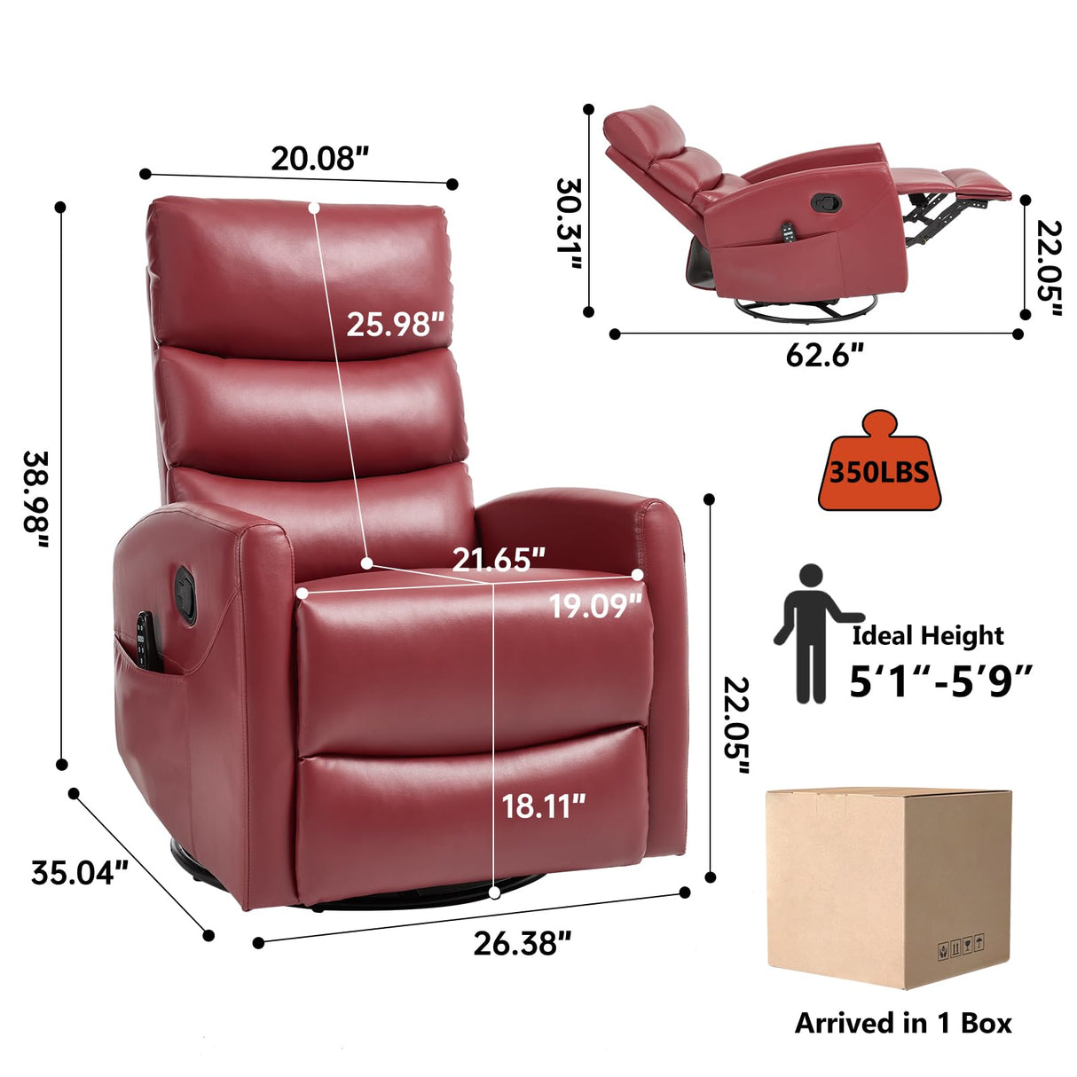 PELUMY Manual Recliner Chair with Heat & Vibration Massage, 360° Swivel Rocker Recliner with 155° Recline and Lumbar Heat, Compact Recliner for Living Room & Small Spaces (Breathable Leather, Red) PELUMY