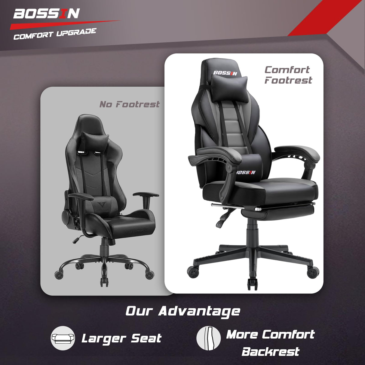 BOSSIN Gaming Chair with Massage, Ergonomic Heavy Duty Design with Footrest and Lumbar Support, Large Size Cushion High Back Office Chair, Big and Tall Gaming Computer Chair for Kids BOSSIN