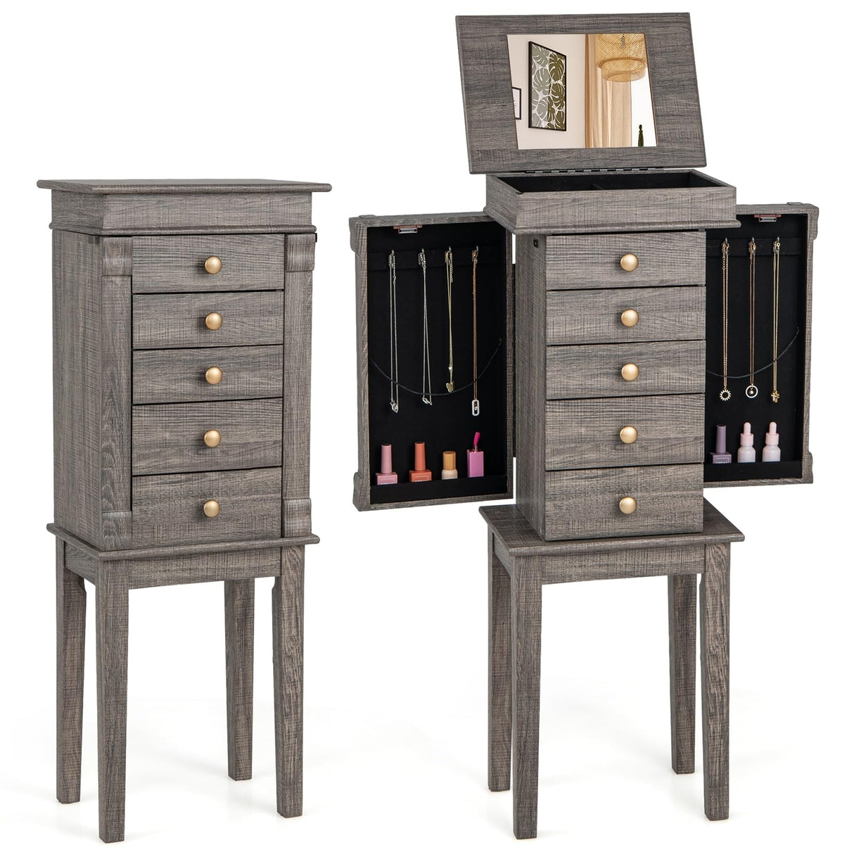 Giantex Jewelry Cabinet Armoire with 5 Drawers, 2 Side Doors with 8 Necklace Hooks, Top Flip Mirror, 4-Compartments Organizer, Standing Wood Jewelry Storage Chest, Antique, Washed Gray Giantex