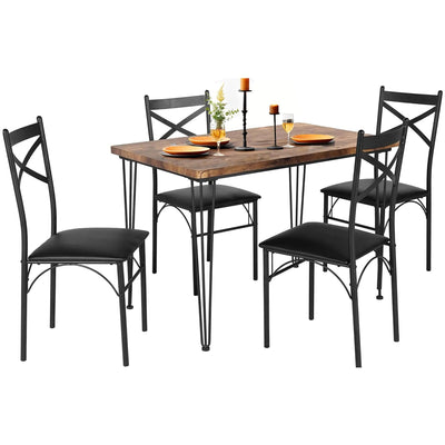 VECELO 5-Piece Dining Table Set for Home Kitchen Small Space Breakfast Nook, 4 Faux Leather Metal Frame Chairs, Retro Brown