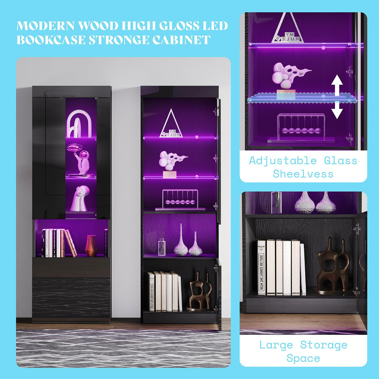 AMERLIFE 70" Modern Fireplace TV Stand with 36" Electric Fireplace & 2 Large Storage LED Bookcases, 3 Piece Living Room Entertainment Center Set for TVs Up to 80in, All Black AMERLIFE