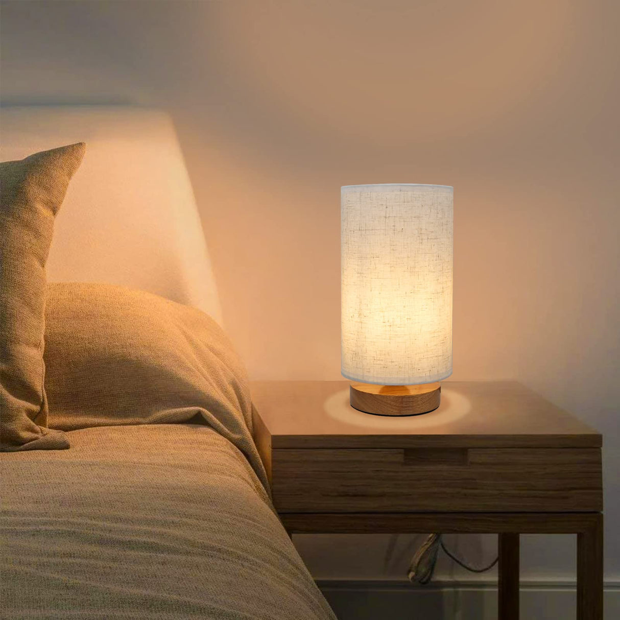 Small Bedside Night Table Lamp for Bedroom, Minimalist Nightstand Lamp with Round Fabric Linen Shade, Study Reading Desk Lamp for Kids Room, Living Room, College Dorm, Home, Office SEENSINY