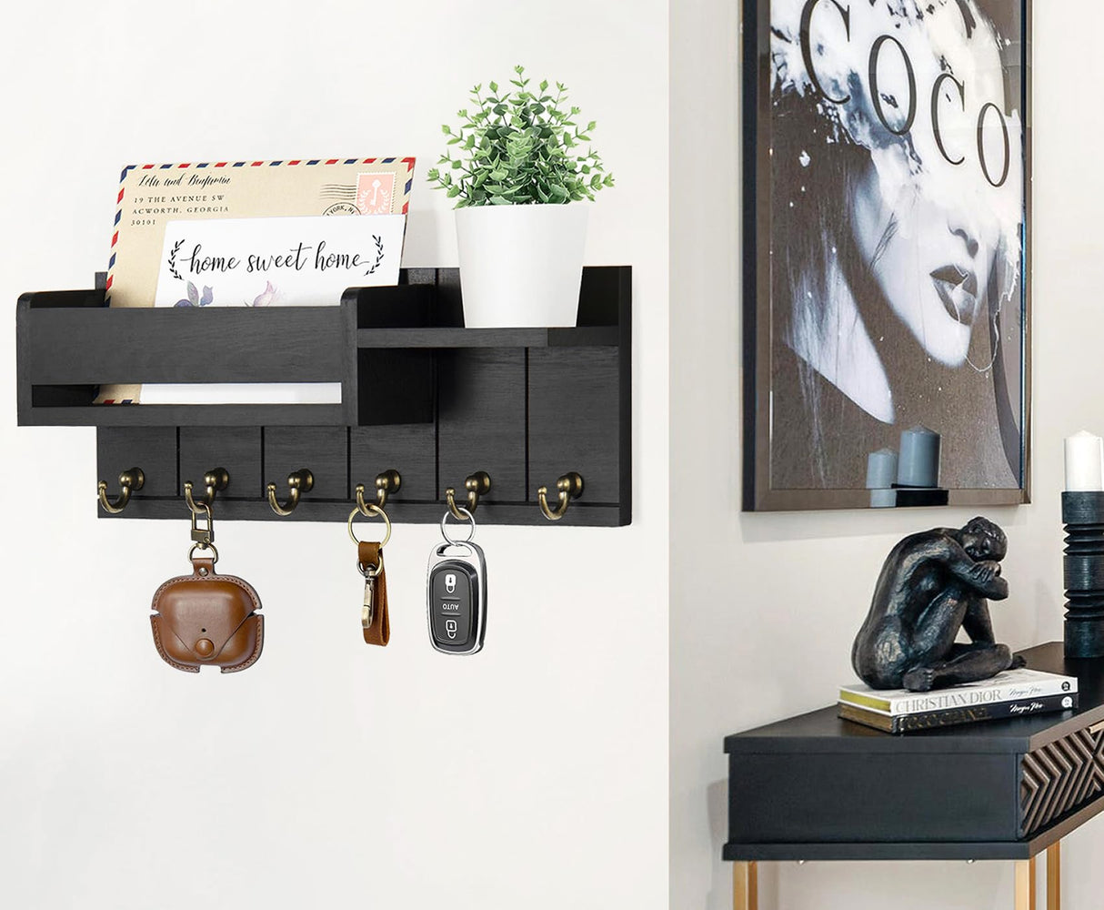 RelaxScene Key Holder Wall Mount - Decorative Key Rack and Mail Organizer with 6 Key Hooks - Wooden Key Hanger with Shelf for Living Room Decor - Rustic Farmhouse Home Entryway Aesthetic Essentials RelaxScene