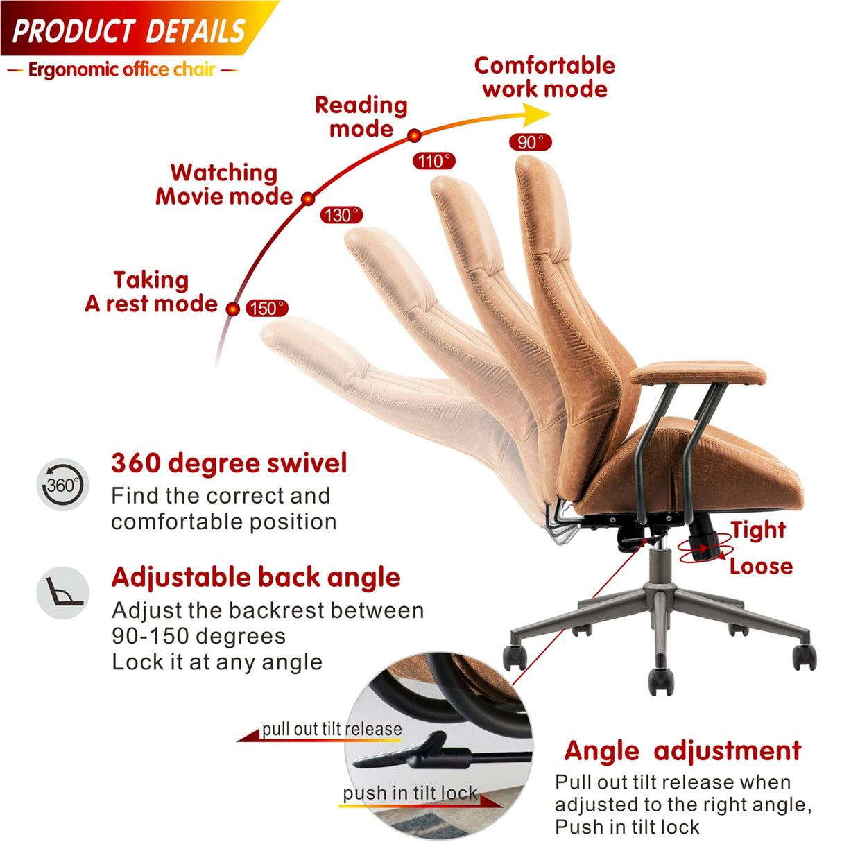 ovios Ergonomic Office Chair Home Office Desk Chair Computer Chair with Lumbar Support High Back Executive Height Adjustable Rolling Swivel Task Chair, Suede Fabric (Brown) ovios