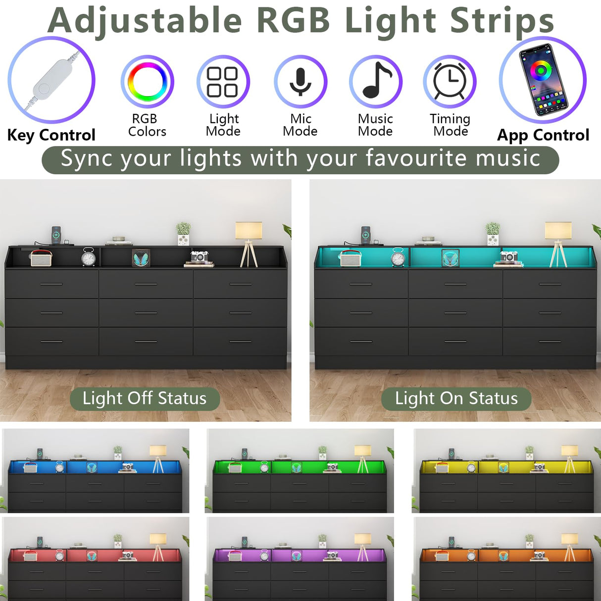 Gyfimoie 9 Drawers Dresser with Power Outlet, Black Dresser for Bedroom, Chest of Drawers with LED Light, Modern Dresser with Open Storage Cubby, Triple Wide Dresser Organizer for Living Room Gyfimoie