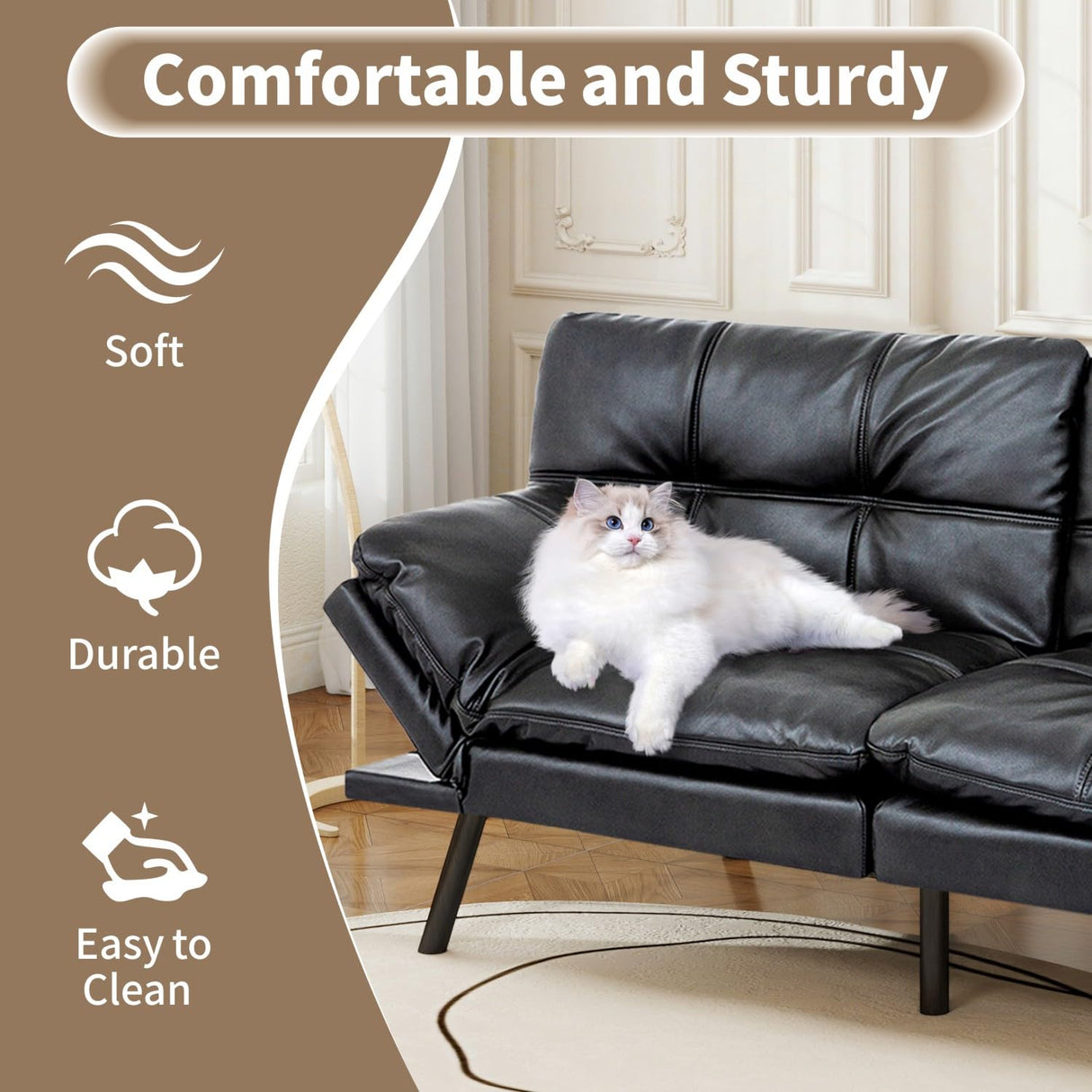 Opoiar 71" Convertible Futon Sofa Bed & Sleeper Couch - Memory Foam Loveseat Sofa with Adjustable Backrest/Armrest for Small Space, Apartment, Living Room - Black Opoiar