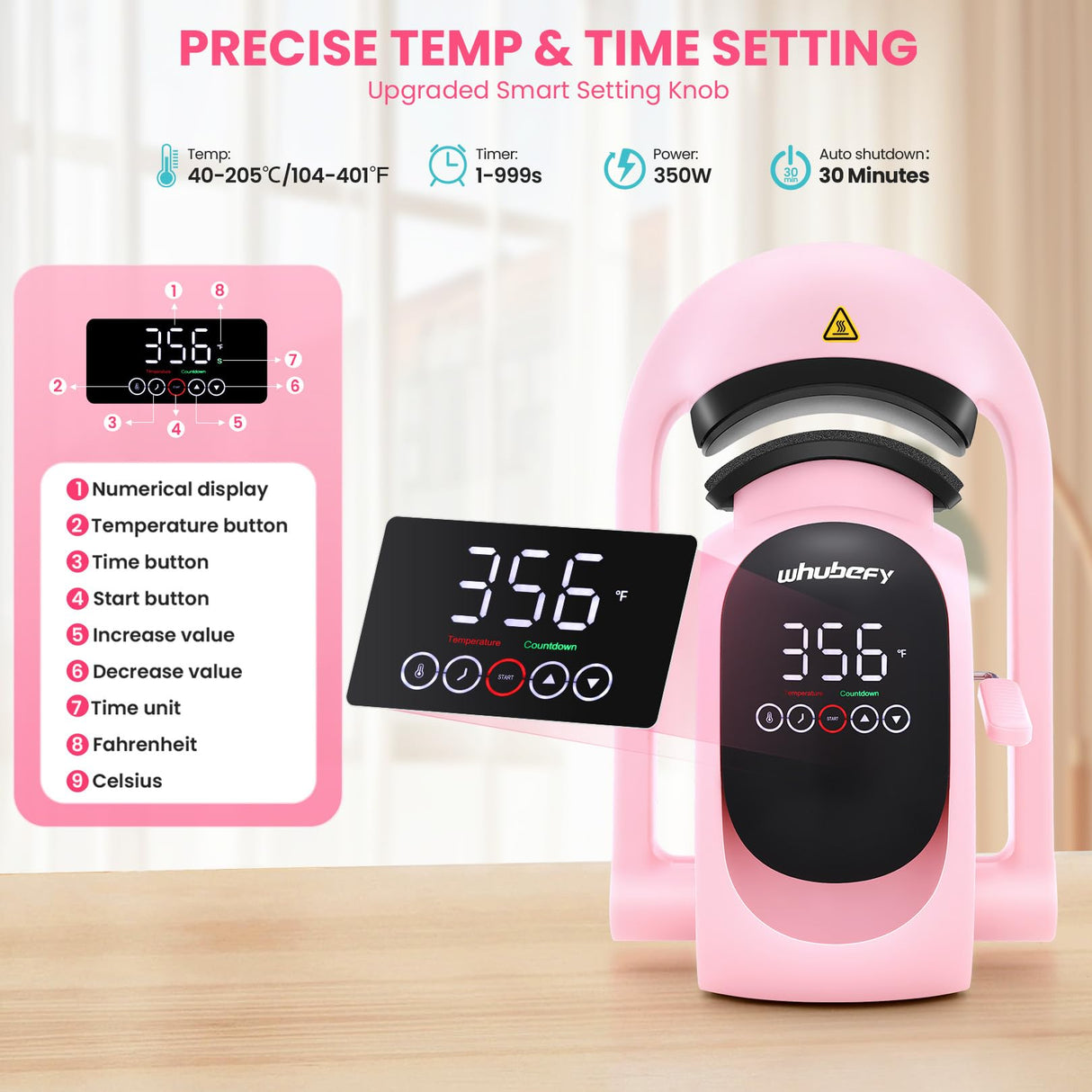 Whubefy Auto Hat Press Heat Machine for Caps, Hat Heat Transfer 3-in-1 Cap Heat Press with 3 Pcs Plates (70/80/90mm), Pink Touchscreen Hat Press Machine with 5 DTF, 1 Hat, for All Hat Shapes Whubefy