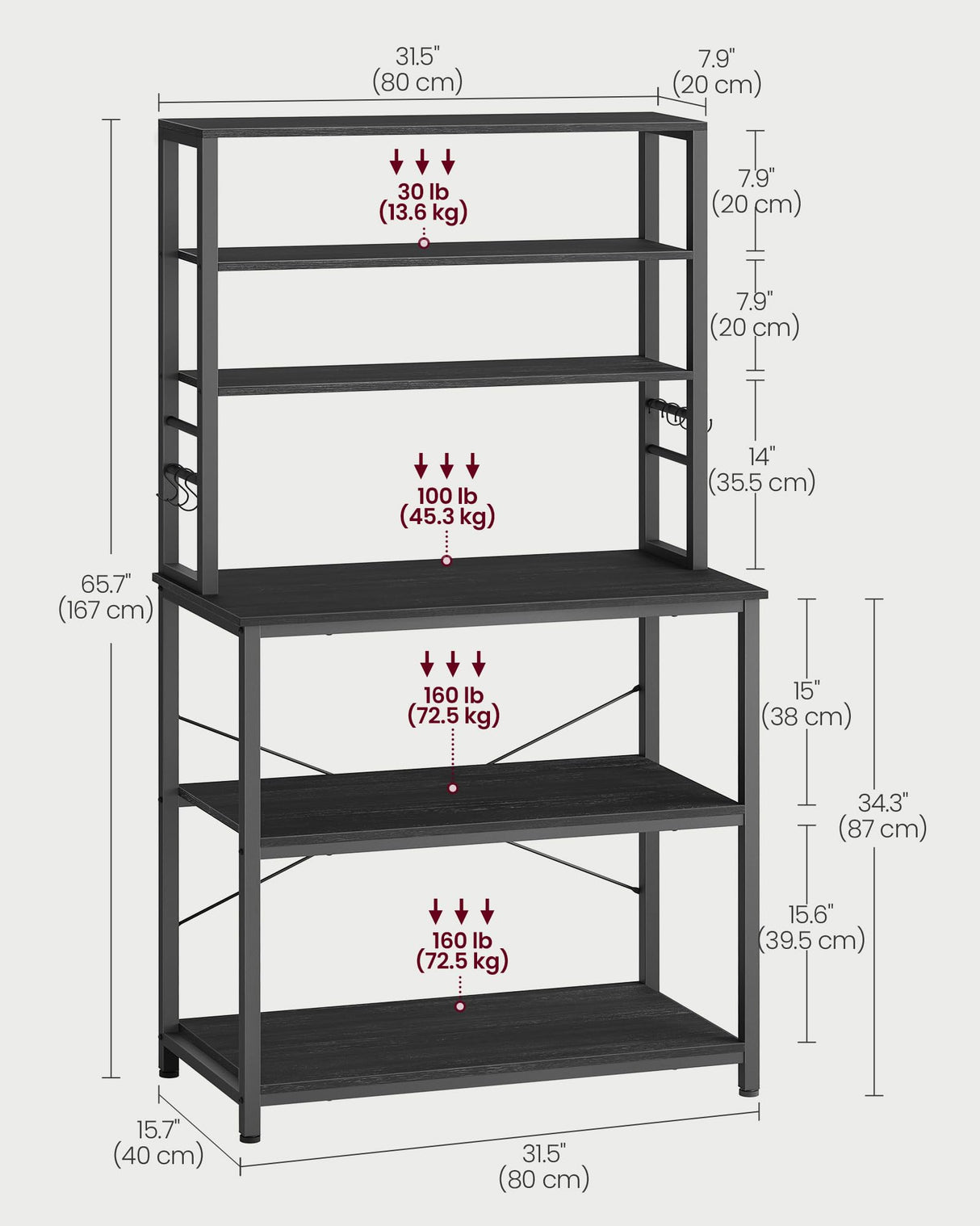 VASAGLE Coffee Bar, 31.5 Inches Baker's Rack for Kitchen with Storage, 6-Tier Kitchen Shelves with 6 Hooks, Microwave Stand, Industrial, Charcoal Gray and Black UKKS019B22 VASAGLE
