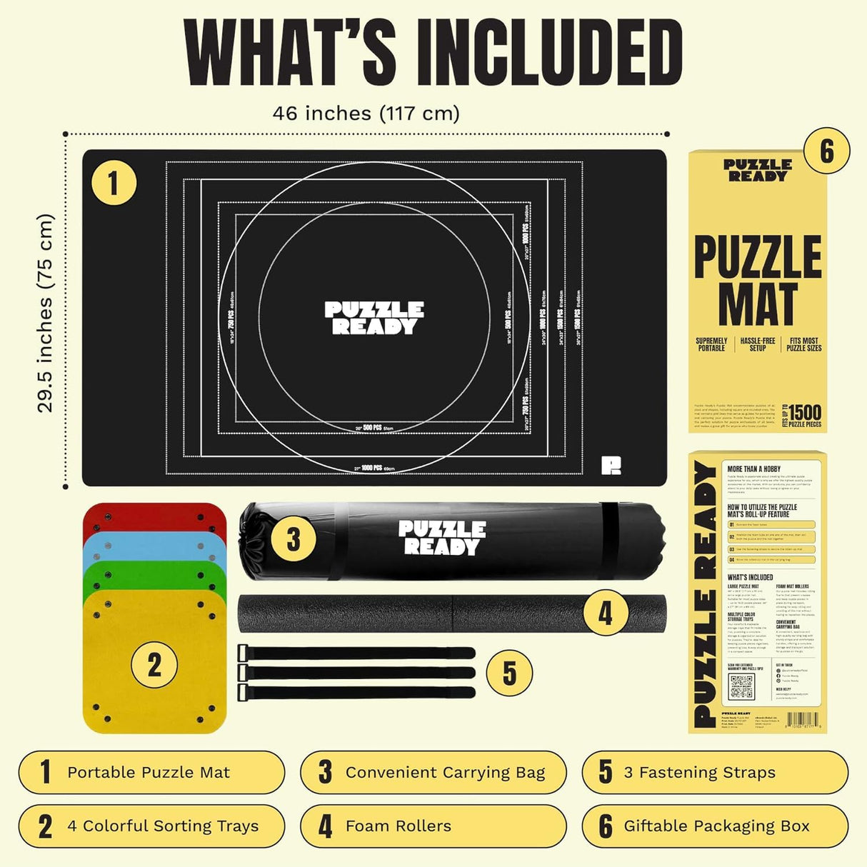 Puzzle Ready Jigsaw Puzzle Mat Roll-Up - 46″ x 29.5″ for 1500 Pieces - Portable Puzzle Board with 4 Sorting Trays, Storage Bag, Foam Roller, 3 Hook & Loop Fastener Straps Puzzle Ready